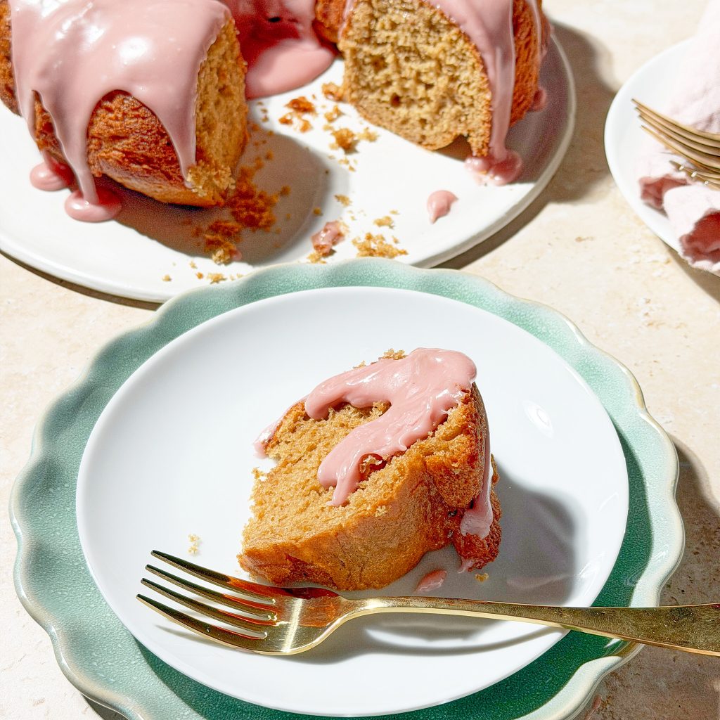 rose cardamom chai cake with raspberry glaze
