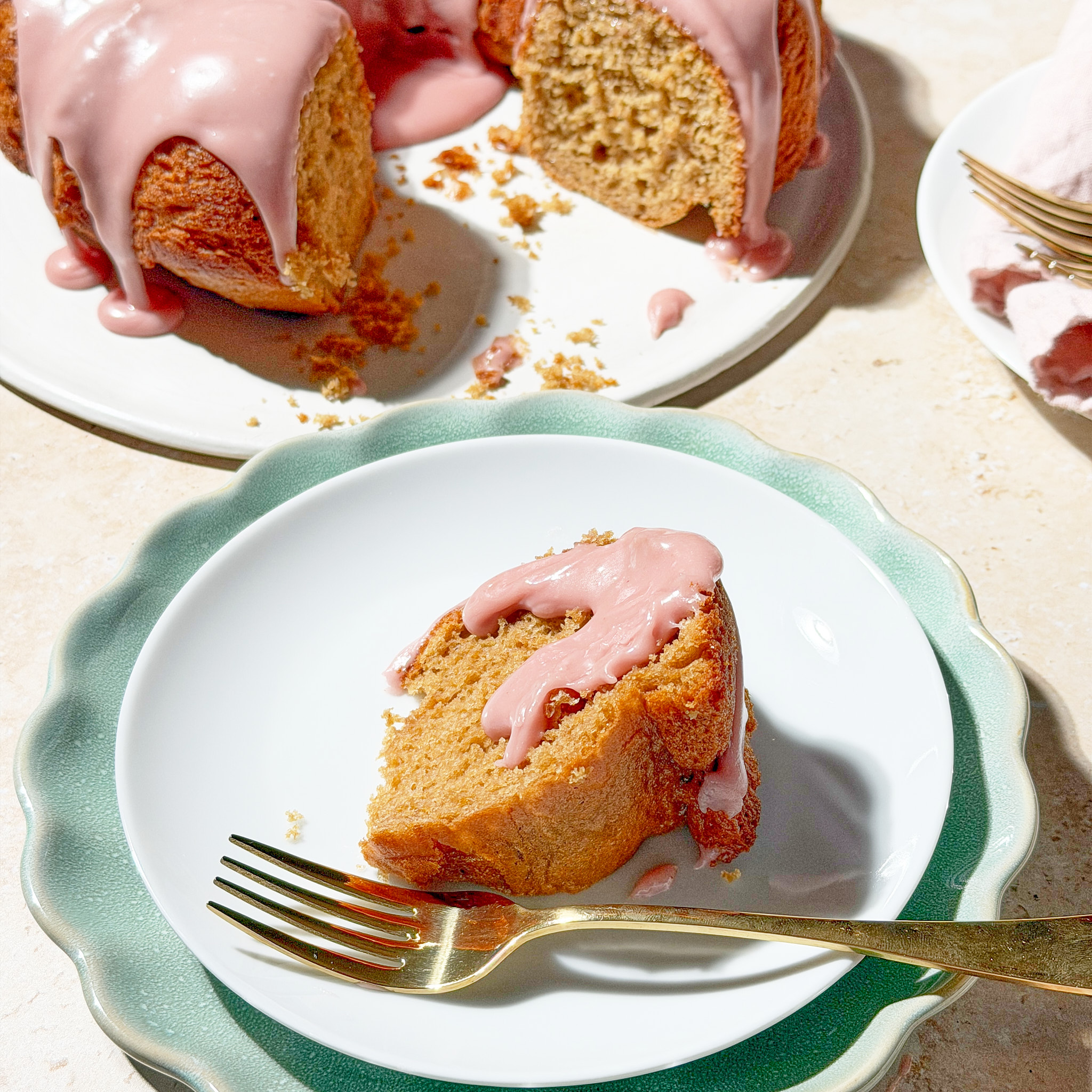 rose cardamom chai cake with raspberry glaze