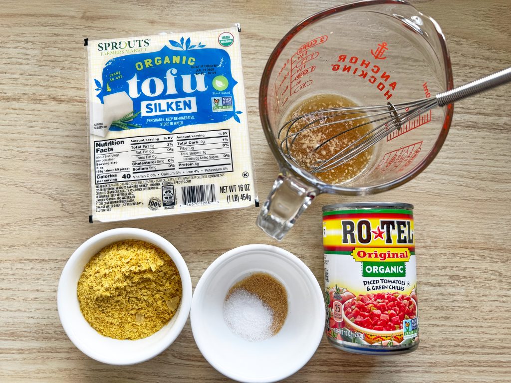 ingredients for vegan rotel dip silken tofu vegan beef broth rotel tomatoes nutritional yeast spices