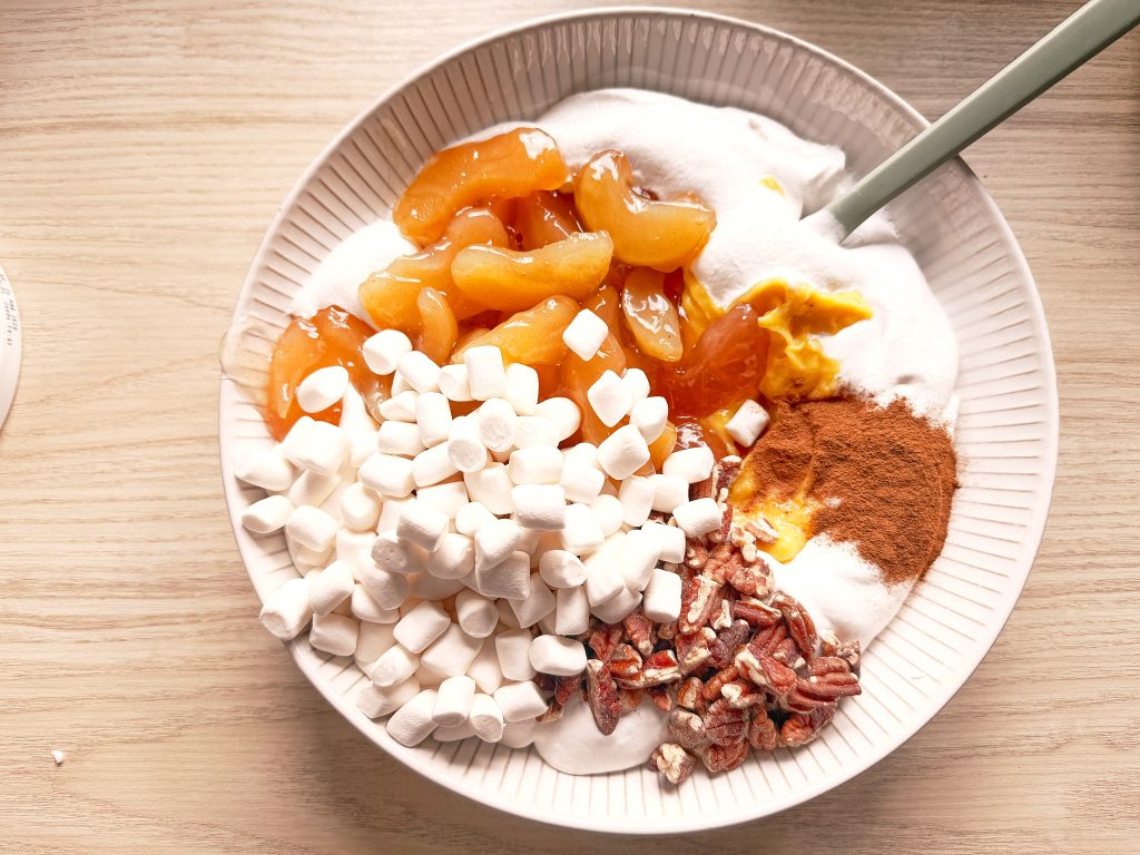 ingredients for apple pie salad apple fluff salad in large bowl